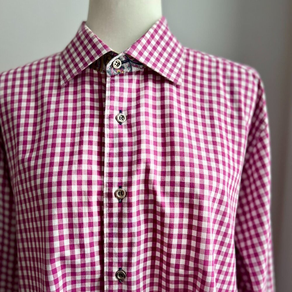 Jared Lang Berry & White Gingham Men's Casual Dress Shirt w/ Paisley Trim –US XL